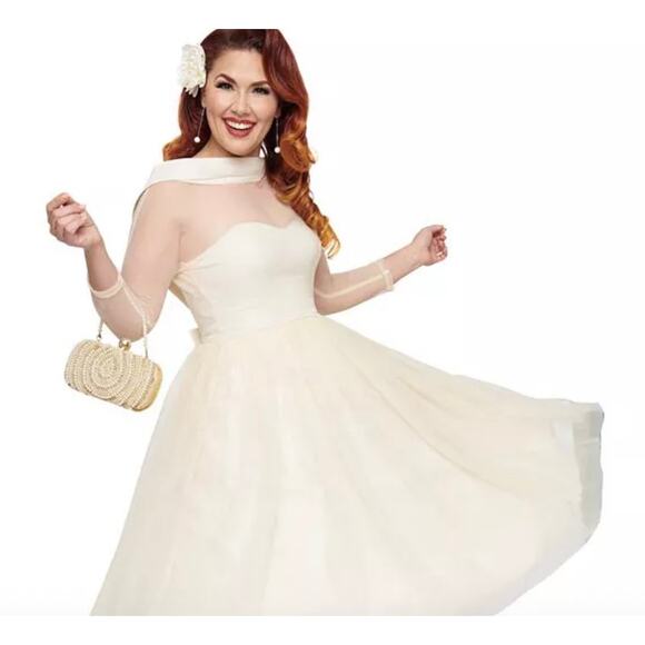 Unique Vintage 1950sChiffon Boat Neck Wedding Swing Dress Ivory SZ #44 - Picture 1 of 9